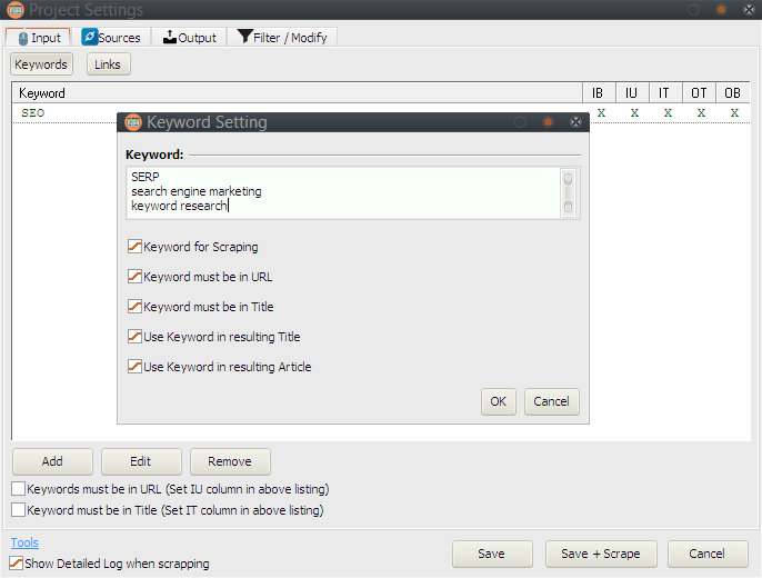 Project Settings Keywords
